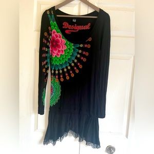 Desigual Black Knit Dress Short with Graphics Long Sleeves Size S